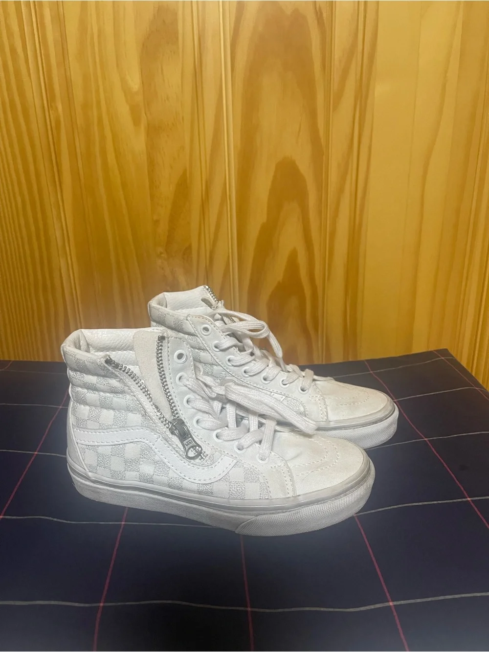 Vans White High-Top Checkerboard Zip-Accent Sneakers